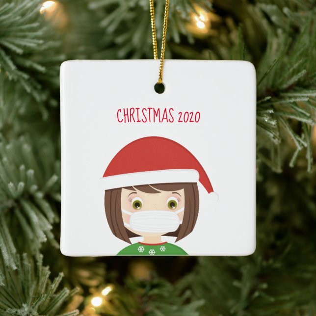 Girl in Face Mask Christmas 2020 Ceramic Ornament (Tree)