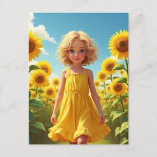 Girl in field of sunflower art  postcard