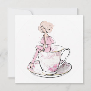 Girl in floral pink teacup holiday card