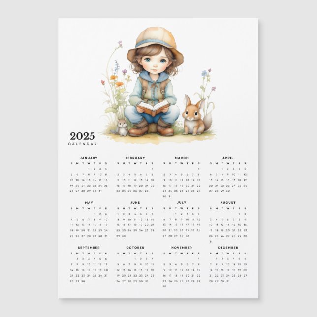 Girl in Flower Garden Rabbits 2025 Magnet Calendar (Front)