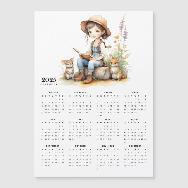 Girl in Flower Garden Rabbits 2025 Magnet Calendar (Front)