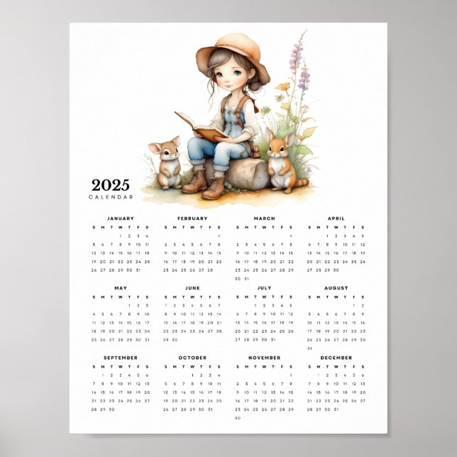 Girl in Flower Garden Reads Rabbits 2025 Calendar Poster (Front)