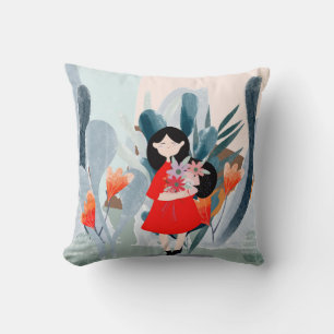 Girl in forest, green nature cartoon. cushion