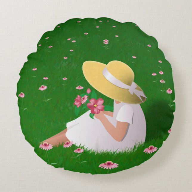 Girl In Grass Round Cushion (Front)