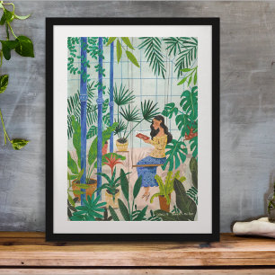 Girl in greenhouse reading illustration poster