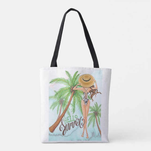 Girl in Hat Fashion Illustration Hello Summer Tote Bag (Back)