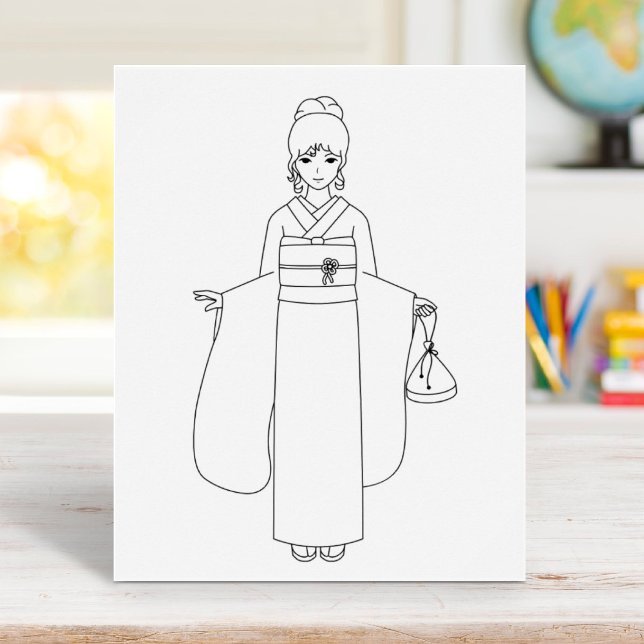 Girl in Japanese Kimono Dress Colouring Page Poster (Creator Uploaded)