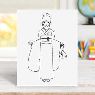 Girl in Japanese Kimono Dress Colouring Page Rubber Stamp