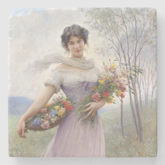 Girl in Lilac Coloured Dress With a Flower Bouquet Stone Coaster (Front)