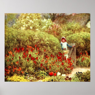 Girl in Luscious Victorian Garden Poster