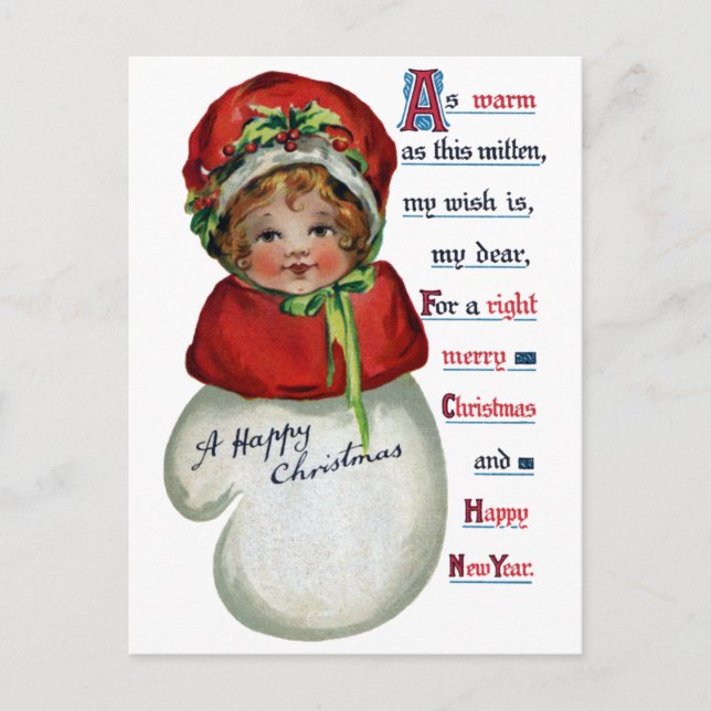 Girl in Mitten Vintage Christmas Holiday Postcard (Front)