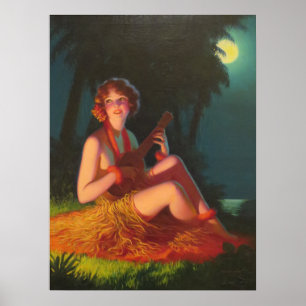 Girl in Moonlight with Banjo Ukelele Poster