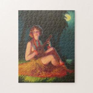 Girl in Moonlight with Banjo Ukulele Jigsaw Puzzle