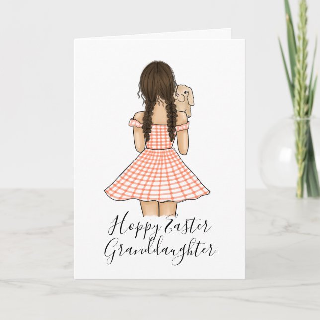 Girl In Orange Gingham Plaid Carrying Pet Bunny  Holiday Card (Front)