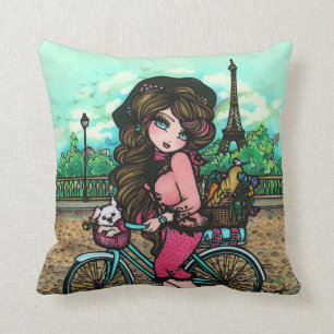 Girl in Paris France Eiffel Tower Art Pillow