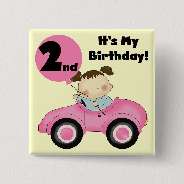 Girl in Pink Car 2nd Birthday Tshirts and Gifts 15 Cm Square Badge (Front)