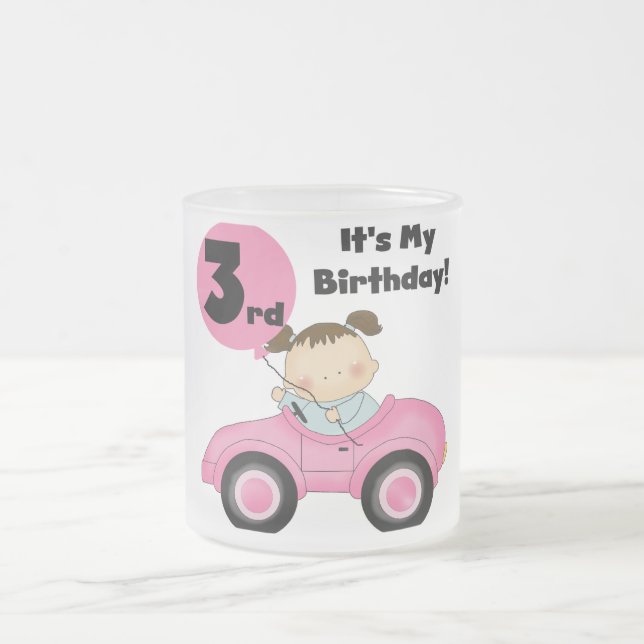Girl in Pink Car 3rd Birthday Tshirts and Gifts Frosted Glass Coffee Mug (Center)