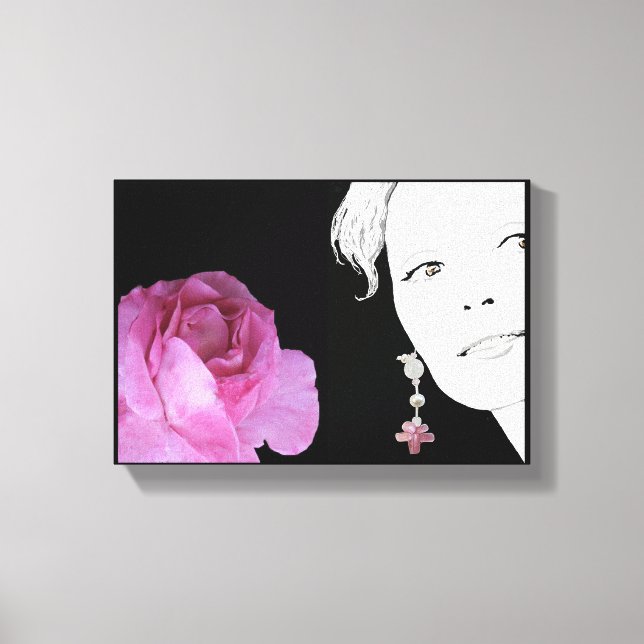 Girl in pink earring floral fashion illustration canvas print (Front)