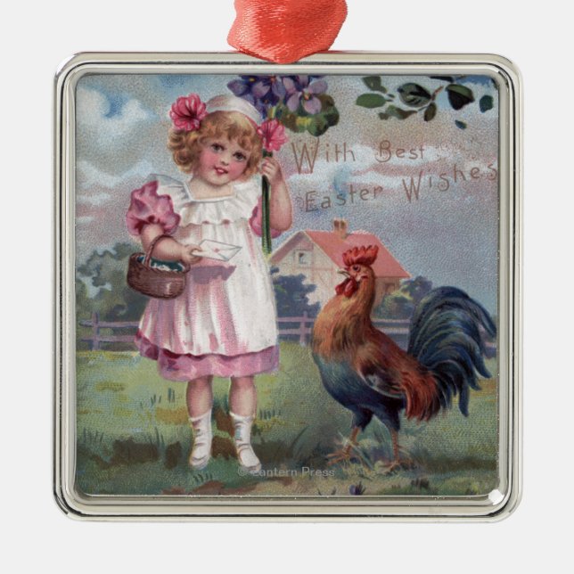 Girl in Pink Holding Purple Flowers Metal Tree Decoration (Front)