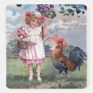 Girl in Pink Holding Purple Flowers Square Sticker