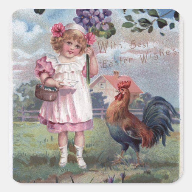 Girl in Pink Holding Purple Flowers Square Sticker (Front)