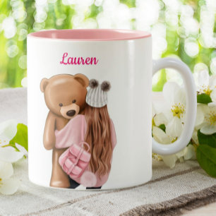 Girl in Pink with Bear Personalised Custom Coffee Two-Tone Coffee Mug
