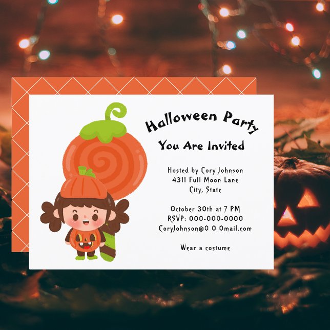 Girl in Pumpkin Costume Lollipop Halloween Party Invitation (Girl in Pumpkin Costume Lollipop Halloween Party Invitation)