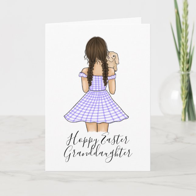 Girl in Purple Gingham Plaid Carrying Pet Bunny Holiday Card (Front)