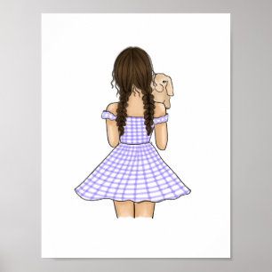 Girl in Purple Gingham Plaid Carrying Pet Bunny Poster