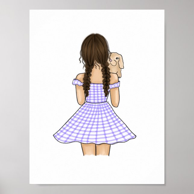 Girl in Purple Gingham Plaid Carrying Pet Bunny Poster (Front)