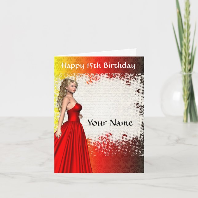 Girl in red dress 15th birthday card (Front)