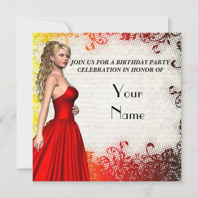 Girl in red dress birthday party invitation (Front)
