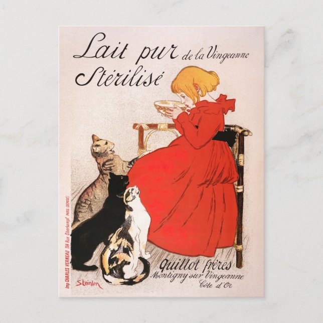 Girl in Red Dress Drinking Milk Steinlen Poster Postcard (Front)