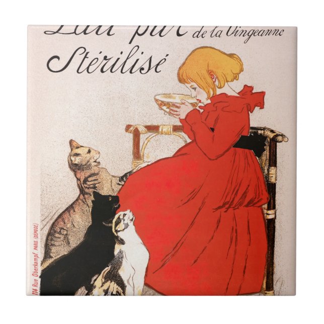 Girl in Red Dress Drinking Milk Steinlen Poster Tile (Front)