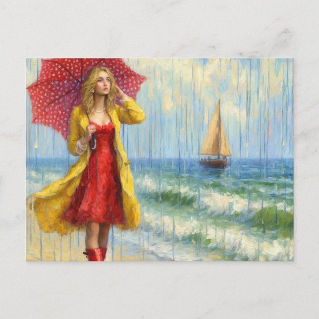 Girl in red dress walking the beach in the rain postcard (Front)