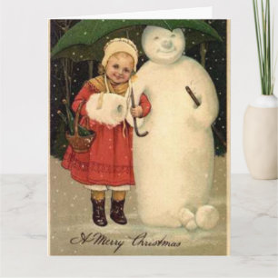 Girl in Red Jacket with Snowman Holiday Postcard