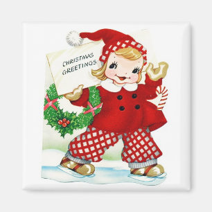 Girl in Red Skating Vintage Magnet