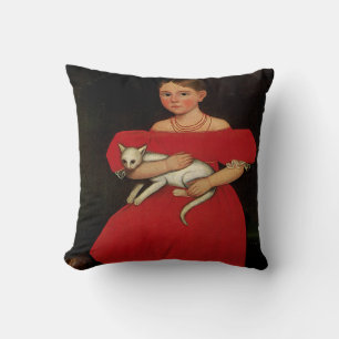 Girl in Red with her Cat and Dog Cushion