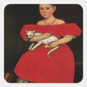 Girl in Red with her Cat and Dog Square Sticker