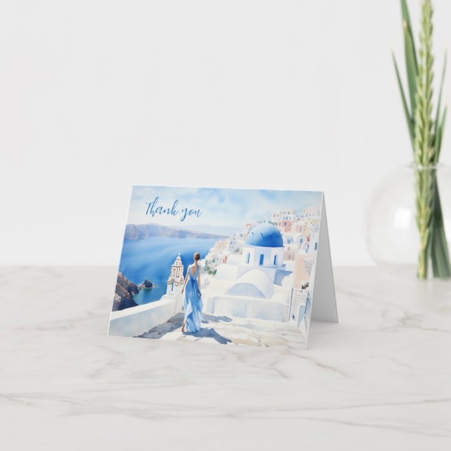 Girl in Santorini, Watercolor, Card Thank you (Front)