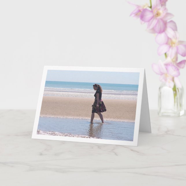 Girl in Skirt Walking on Beach Card (Orchid)