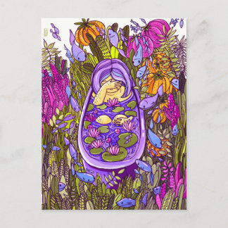Girl in the garden pool postcard