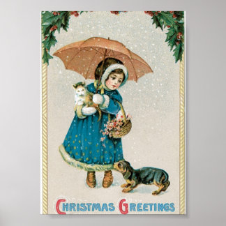Girl in the Snow on Christmas with Cat and Dog Poster