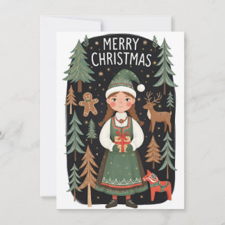 Girl In Traditional Dress Holding Gift Holiday Card