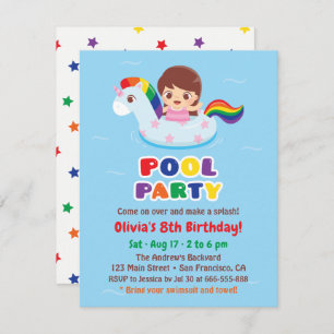 Girl in Unicorn Pool Float Kids Birthday Party Invitation