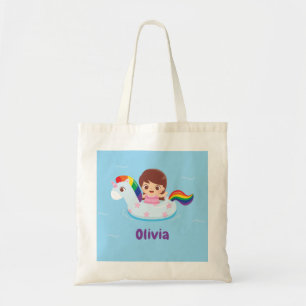 Girl in Unicorn Rainbow Pool Float Kids Tote Bag