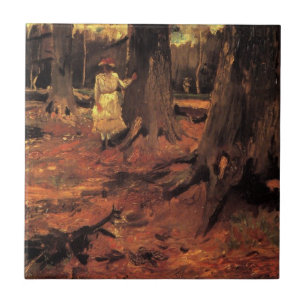 Girl in White in the Woods by Vincent van Gogh Tile