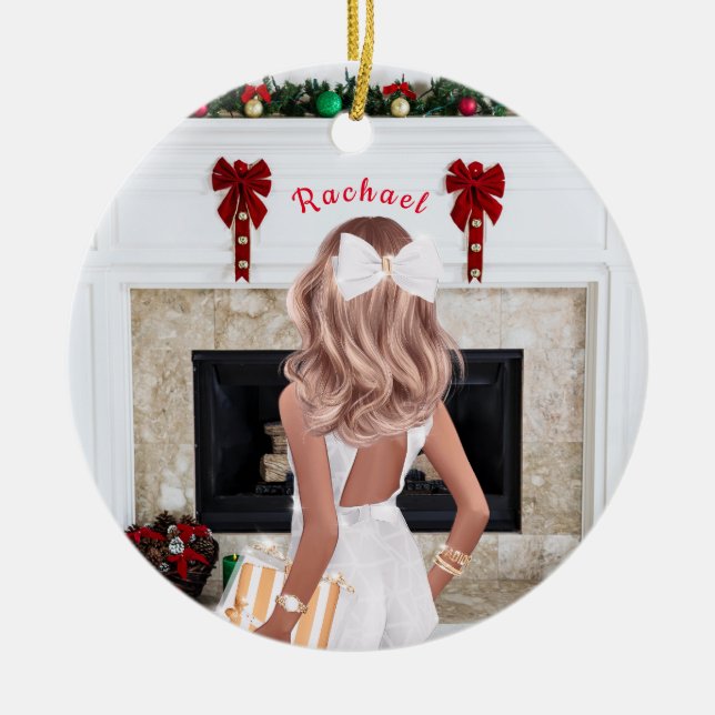 Girl in White Personalised Custom  Ceramic Tree Decoration (Front)
