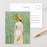 Girl in White | Vincent Van Gogh Postcard<br><div class="desc">Girl in White (1890) | Original artwork by Dutch post-impressionist artist Vincent Van Gogh (1853-1890). The painting depicts a woman wearing a white dress and yellow straw hat,  standing in a soft green field scattered with red flowers.

Use the design tools to add custom text or personalise the image.</div>