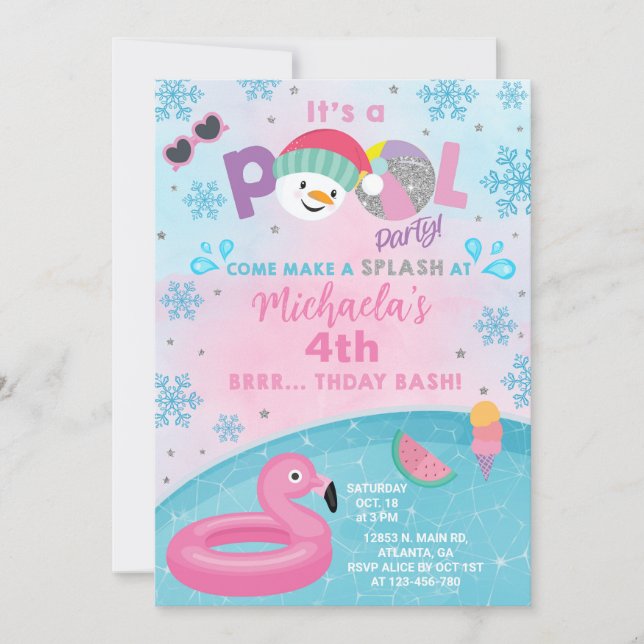 Girl indoor winter pool party birthday invitation. invitation (Front)